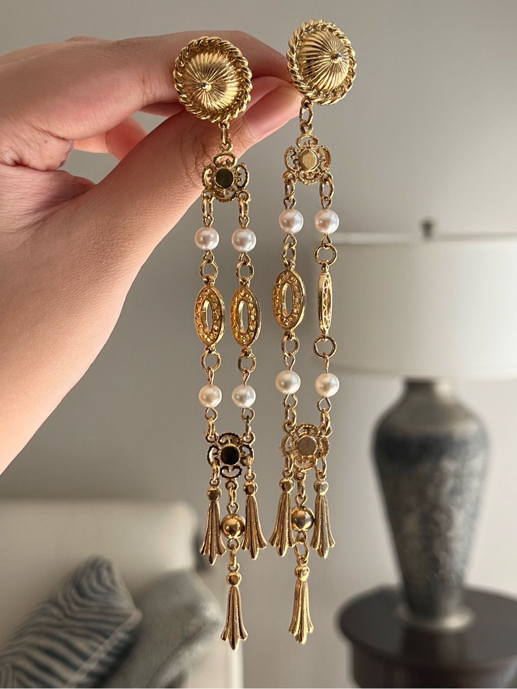Authentic Vintage Givenchy Pearl Gold Filigree Long Drop Dangle Clip Earrings